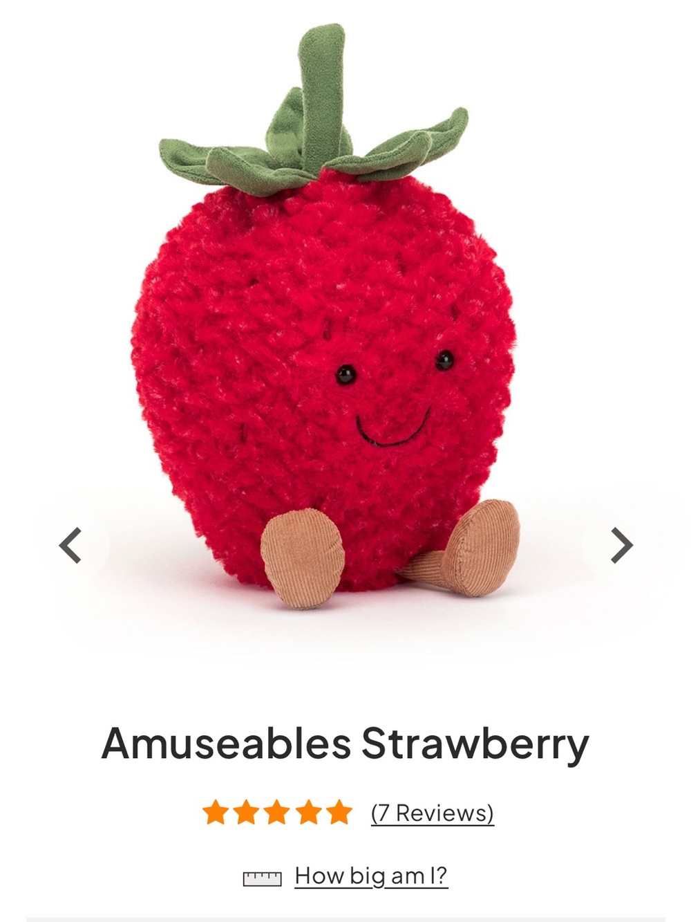 Jellycat Red Strawberry Plush with Green Leaves and Tan Feet